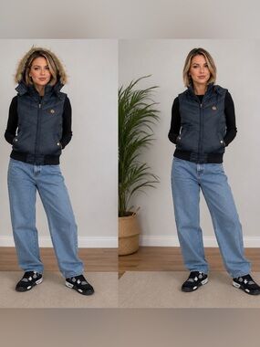 E.LAND Traditional Navy Blue Puffer Vest with Faux Fur Hood – Size S